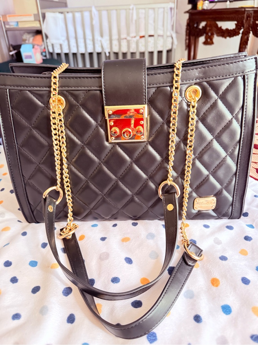 Black Quilted Chain-Handle Tote Bag with Gold Hardware